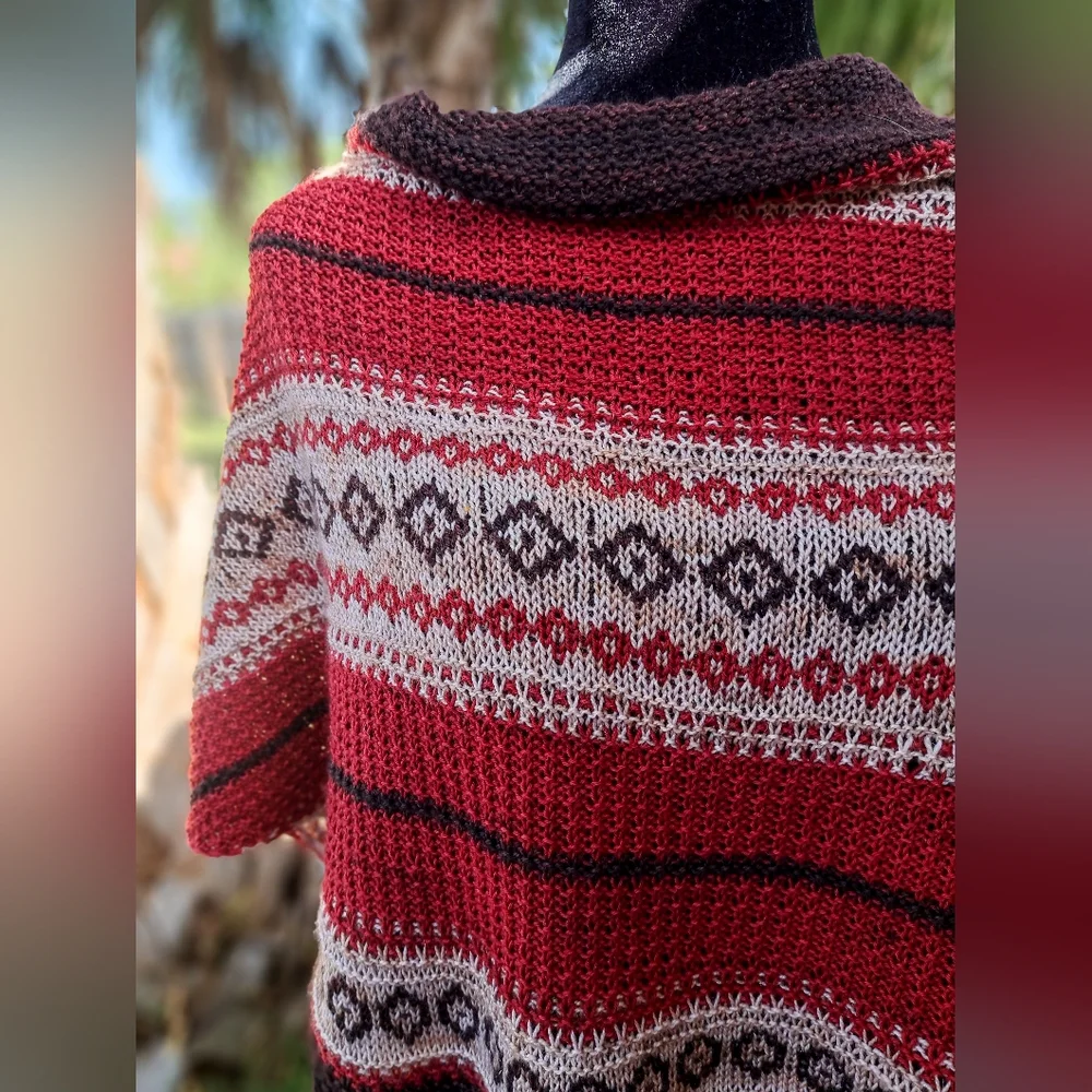 Hand Knitted Shawl One of a Kind Elegant Red Beige Coffee Brown Merino Wool - Picture 9 of 15